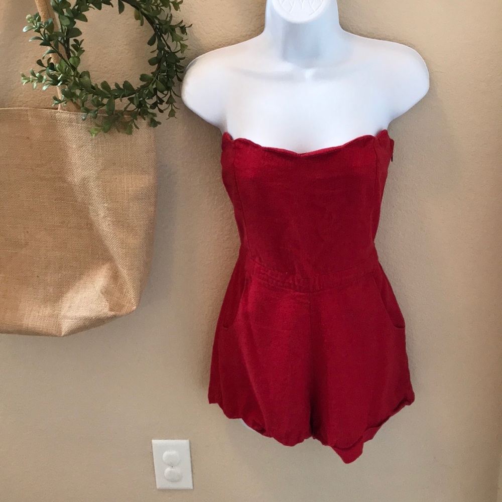 XS Red Linen Romper BYCORPUS